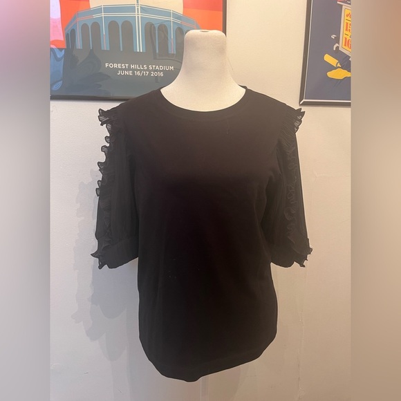 Sandro Paris Jasyn Ruffled Puff Sleeve Tee 100% Cotton - Black Size 2/Medium - Picture 3 of 6